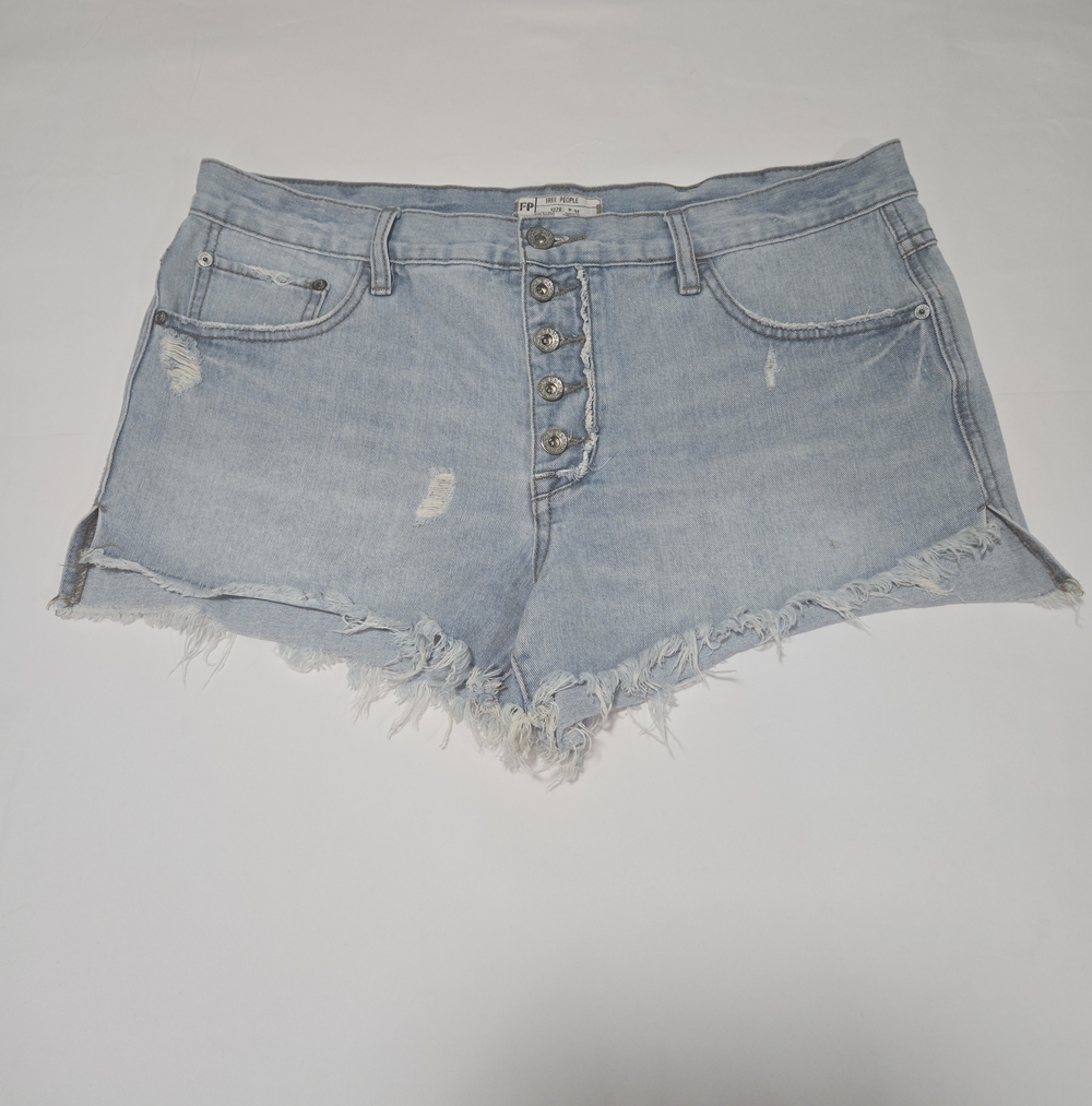 Free People Button Fly Distressed Denim Cotton Raw Hem Jean Shorts Blue Size 31